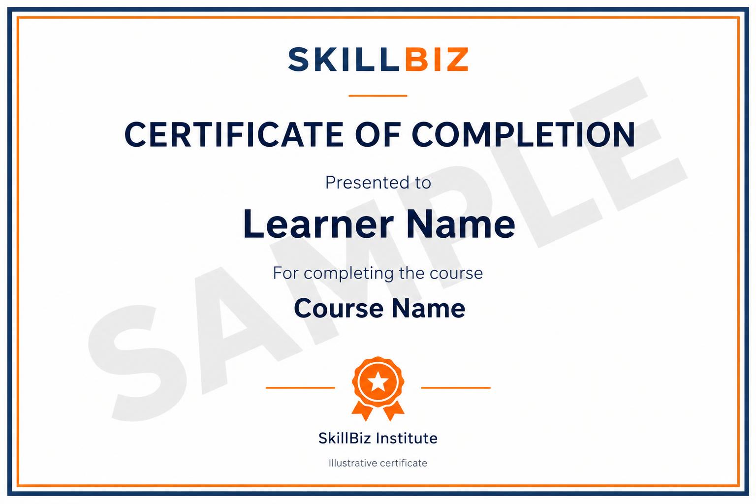 Illustrative SkillBiz course completion certificate marked SAMPLE