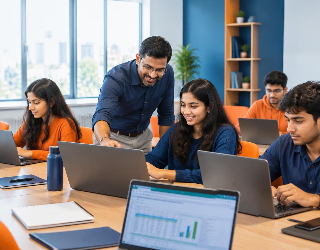 Mentor guiding learners through finance exercises